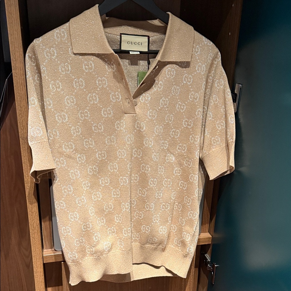 Gucci Jacquard Lame Knit Polo Knit Short Sleeve Sweater
